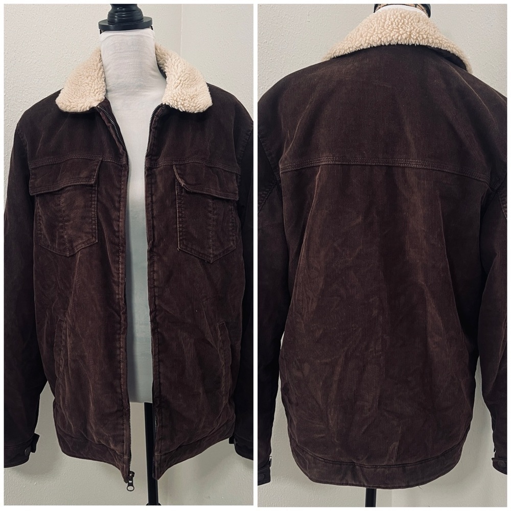 American Rag Cie Men Medium Corduroy Sherpa Lined & Collar Choc Brown Jacket EUC